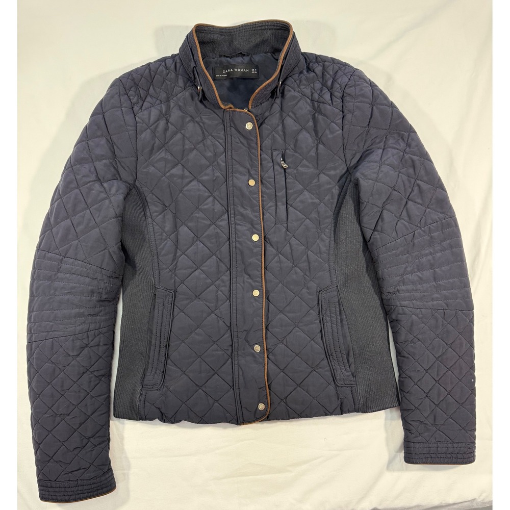 Zara Woman Navy Blue Quilted Diamond Puffer Jacket Gold Snap Ribbed Panels M